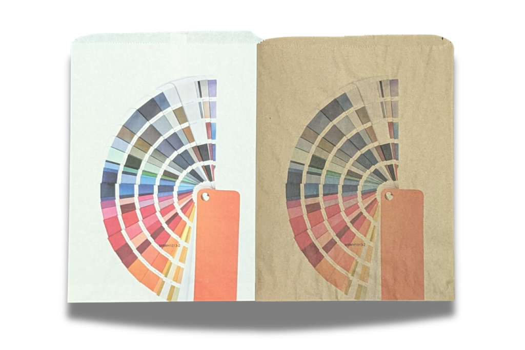Image showing color variations from a digital printer on white and recycled natural kraft paper bags.