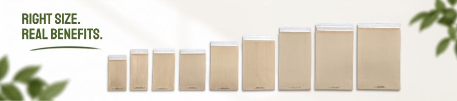 Right sized recyclable paper shipping bags.